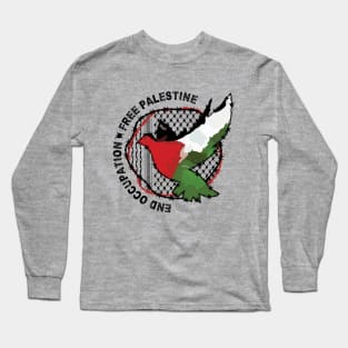 End Occupation Free Palestine with Palestinian Arabic Kufiya Hatta Pattern -blk Long Sleeve T-Shirt